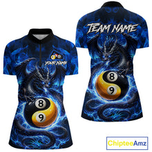 Load image into Gallery viewer, Blue 8 Ball &amp; 9 Ball Fire Yin And Yang Dragon Billiard Shirt For Women Custom Pool Team Jersey TDM5841