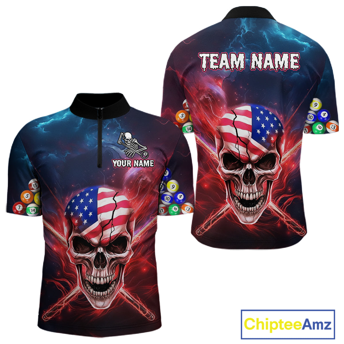US Flag Patriotic Skull Men's Billiard Shirt Custom Pool Team Shirt Billiard Jersey Polo & 1/4 Zip TDM5140