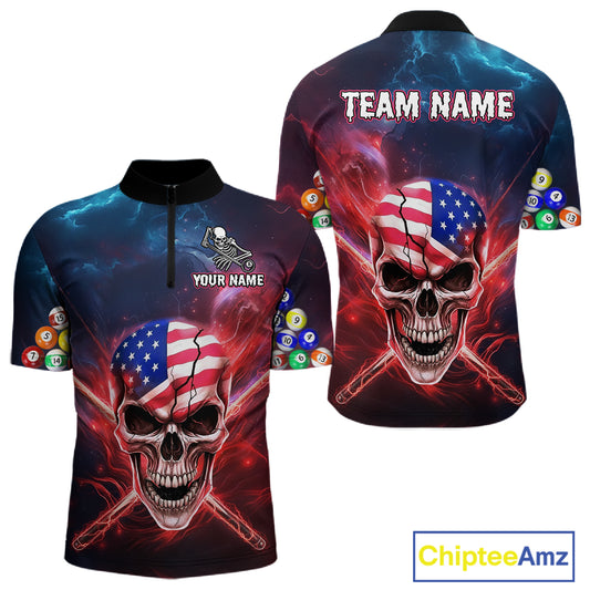 US Flag Patriotic Skull Men's Billiard Shirt Custom Pool Team Shirt Billiard Jersey Polo & 1/4 Zip TDM5140