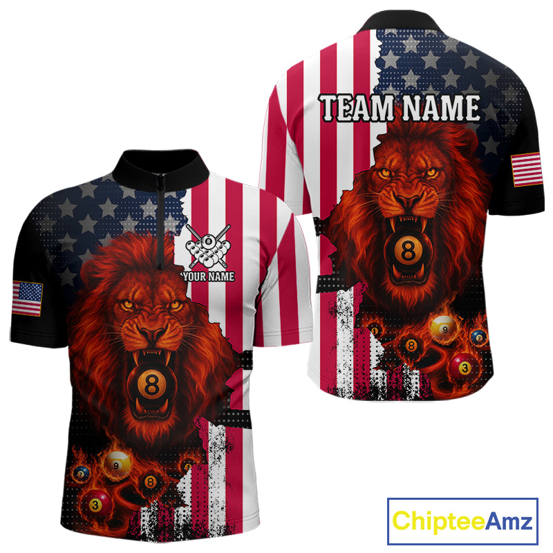 American Flag Lion 8 Ball Billiard Shirt For Men Custom Patriotic Pool Team Shirt Polo & 1/4 Zip TDM5341