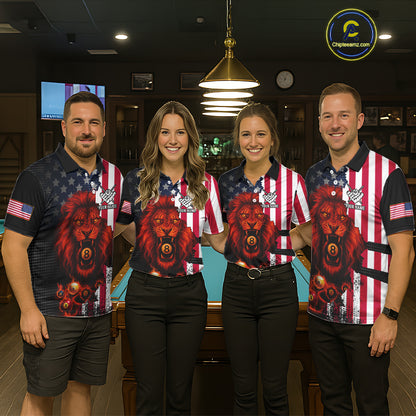 American Flag Lion 8 Ball Billiard Shirt For Men Custom Patriotic Pool Team Shirt Polo & 1/4 Zip TDM5341
