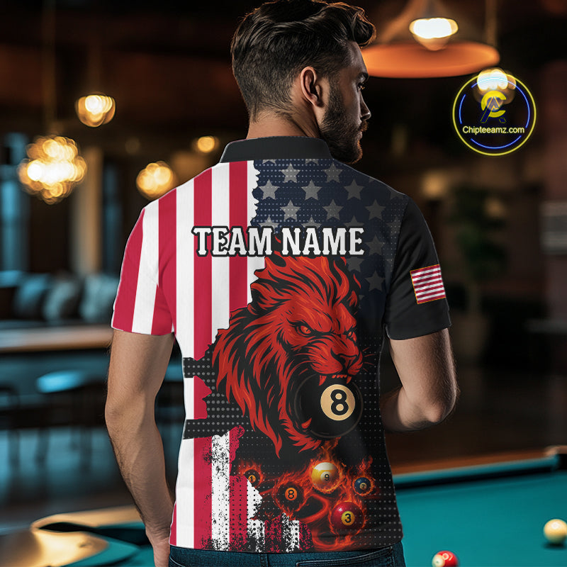 American Flag Lion 8 Ball Billiard Shirt For Men Custom Patriotic Pool Team Shirt Polo & 1/4 Zip TDM5341