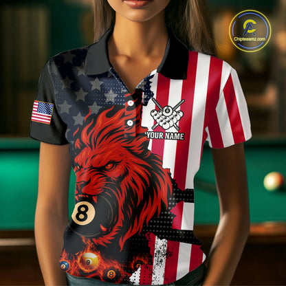 Personalized Lion American Flag Billiard Shirt For Women, 8 Ball Pool Team Jersey Polo & 1/4 Zip TDM5342