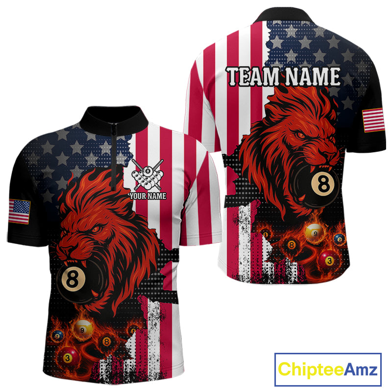 Personalized Lion American Flag Billiard Shirt For Men, 8 Ball Pool Team Jersey Polo & 1/4 Zip TDM5342