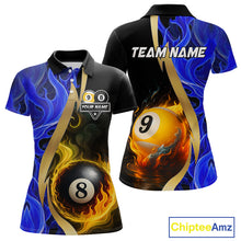 Load image into Gallery viewer, Blue 8 Ball &amp; 9 Ball Fire Flame Billiard Shirt For Women Custom Pool Team Shirts, Billiard Jersey TDM5350