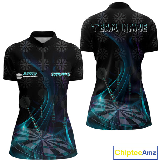 Flaming Dartboard 3D & Dart Arrow Turquoise Women's Darts Shirt Custom Name For Players NYN0692
