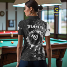 Load image into Gallery viewer, Female billiard player wearing American flag grunge billiard jersey during league championship, premium patriotic sportswear for competitive athletes, veterans and national pride enthusiasts, symbolizing confidence, strength and leadership.