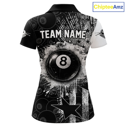 Women's patriotic billiard polo featuring distressed American flag and glowing 8 ball graphics, personalized performance apparel for veterans, military families, APA leagues and patriotic pool players, symbolizing freedom, honor and leadership.