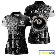 Load image into Gallery viewer, Women's patriotic billiard polo featuring distressed American flag and glowing 8 ball graphics, personalized performance apparel for veterans, military families, APA leagues and patriotic pool players, symbolizing freedom, honor and leadership.