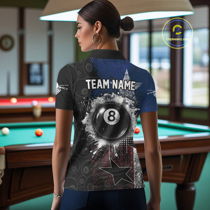Female billiard player wearing Texas flag grunge billiard jersey during championship tournament, premium sports apparel for Texas residents, western lifestyle enthusiasts and professional competitors, symbolizing confidence, independence and victory.
