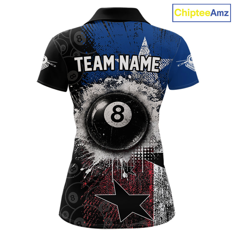 Women's billiard polo featuring distressed Texas flag and realistic 8 ball graphics, personalized performance pool apparel for Texas billiard teams, rodeo lifestyle, outdoor enthusiasts and APA leagues, symbolizing independence, courage and heritage.