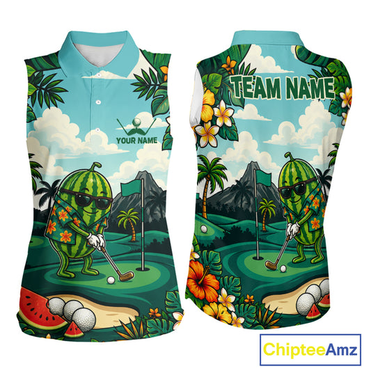 Funny Watermelon Golfer Womens Monstera Tropical Sleeveless Polo Shirts Custom Golf Team Outfits Golf Gifts NYN3961