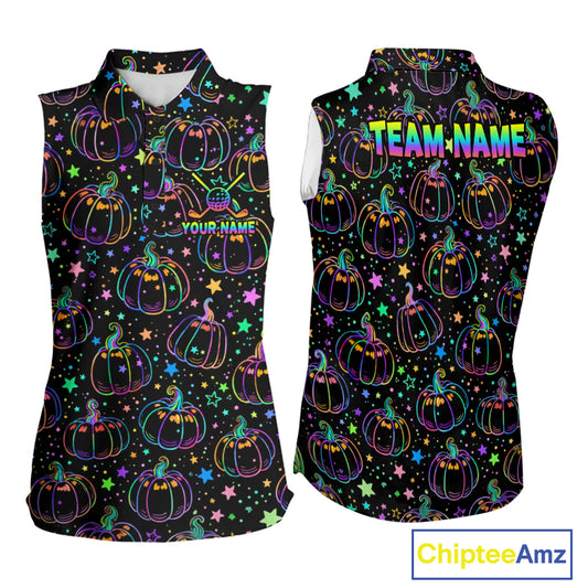 Rainbow Holographic Pumpkin Golf Sleeveless Polo Shirt Custom Halloween Golf Team Attire For Womens NYN3962