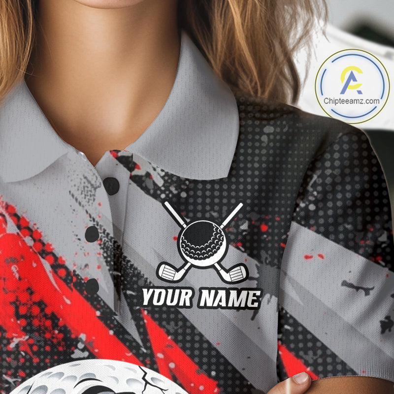 Funny Golfer Womens Golf Polo Shirts Custom Red And Grey Grunge Golf Team Outfits Golf Gifts NYN3963