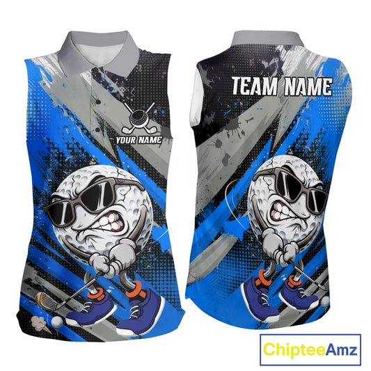 Funny Golfer Womens Golf Sleeveless Polo Shirts Custom Blue And Grey Grunge Golf Team Outfits Golf Gifts NYN3964