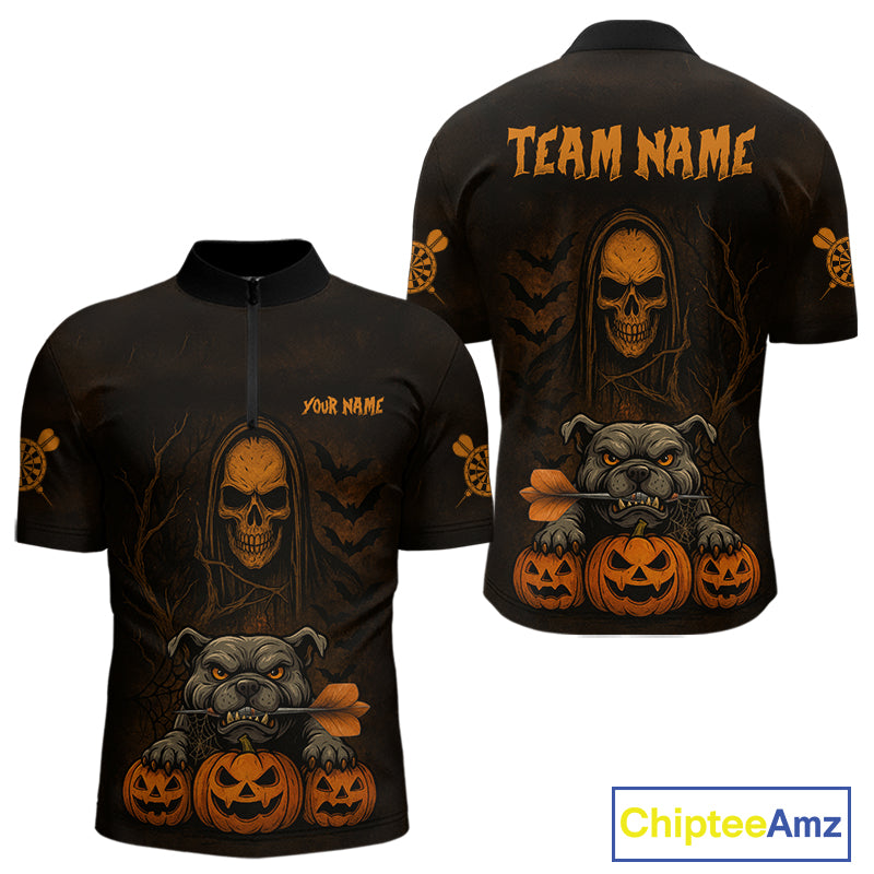Custom Skeleton Bulldog Dartboard Halloween Orange Dart Men 1/4-Zip Shirt Dart Jerseys NYN1557