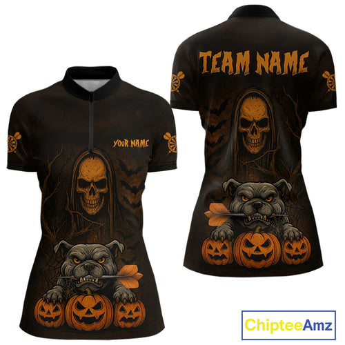 Custom Skeleton Bulldog Dartboard Halloween Orange Dart Women 1/4-Zip Shirt Dart Jerseys NYN1557