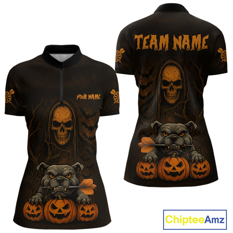 Custom Skeleton Bulldog Dartboard Halloween Orange Dart Women 1/4-Zip Shirt Dart Jerseys NYN1557