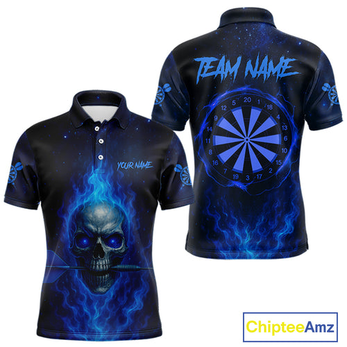 Custom Fire Flames Blue Skull Dart Arrow Dart Men Polo Shirt Outfits Dart Jerseys NYN1558