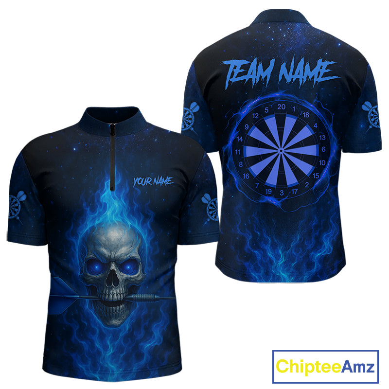 Custom Fire Flames Blue Skull Dart Arrow Dart Men 1/4-Zip Shirt Outfits Dart Jerseys NYN1558