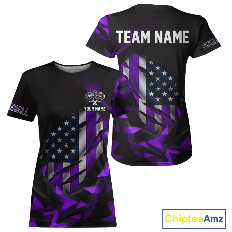 Custom Black & Purple Patriotic Pickleball Women T-Shirt US Flag Pickleball Jerseys NYN1570