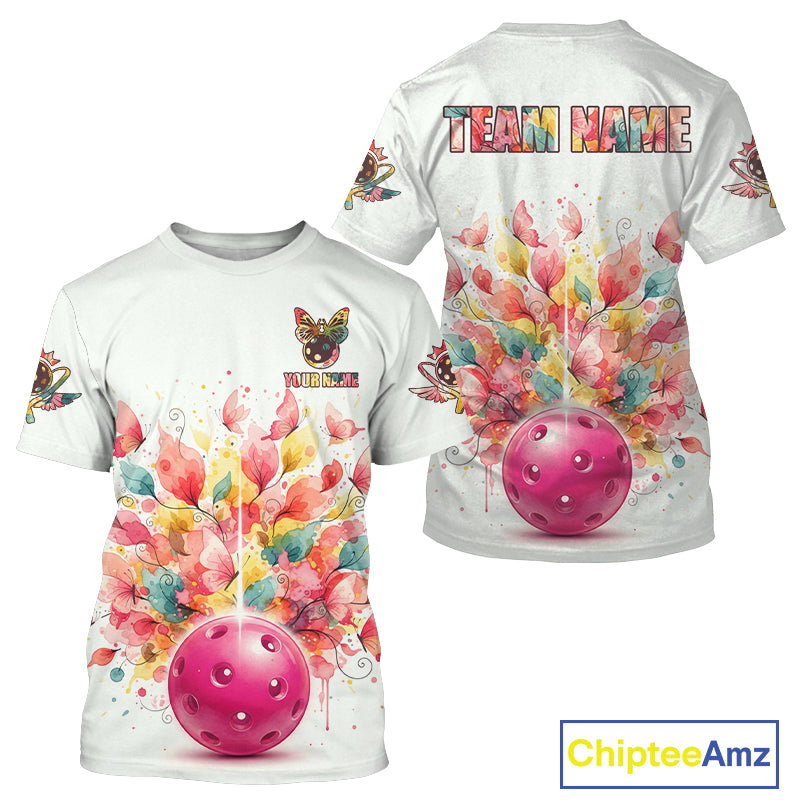 Colorful Flowers Butterfly Pickleball Ball T-Shirt Custom White Men's Pickleball Jerseys NYN1875