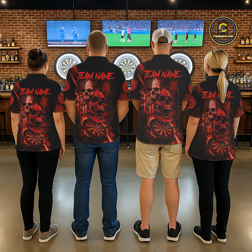 Custom Red Smokes Grunge Skull Women Darts Quarter- Zip Shirt US Flag Skull Dart League Jerseys NYN2123