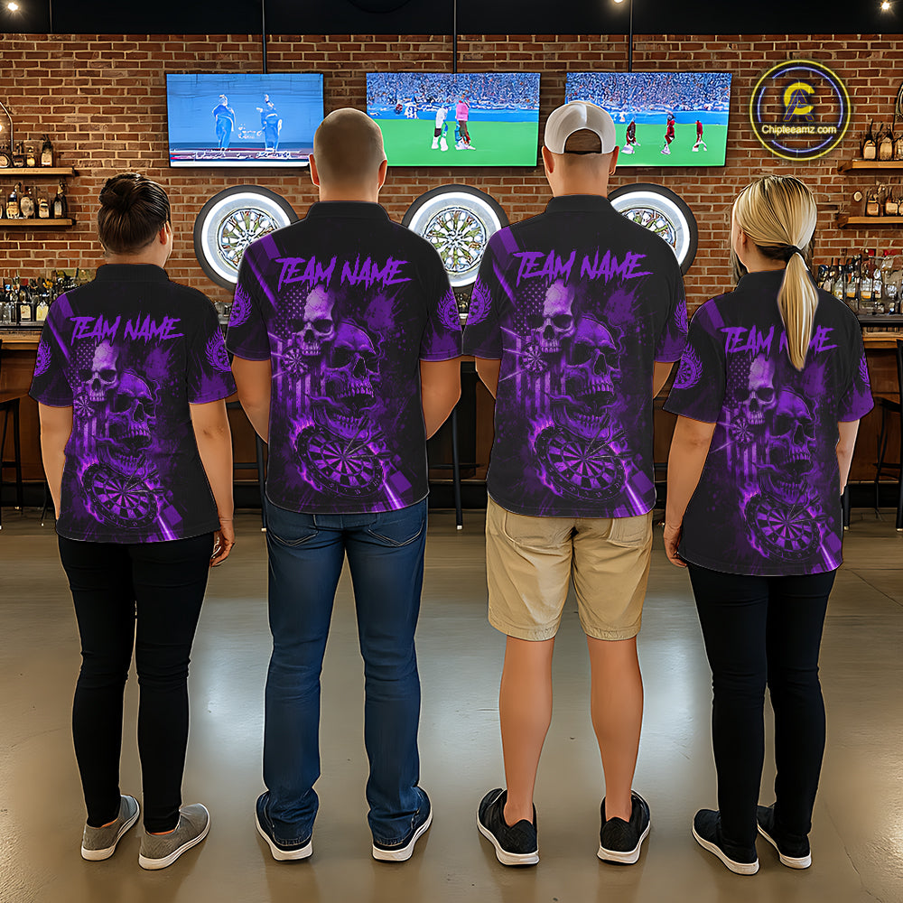 Custom Purple Smokes Grunge Skull Men Darts Polo Shirt US Flag Skull Dart League Jerseys NYN2124