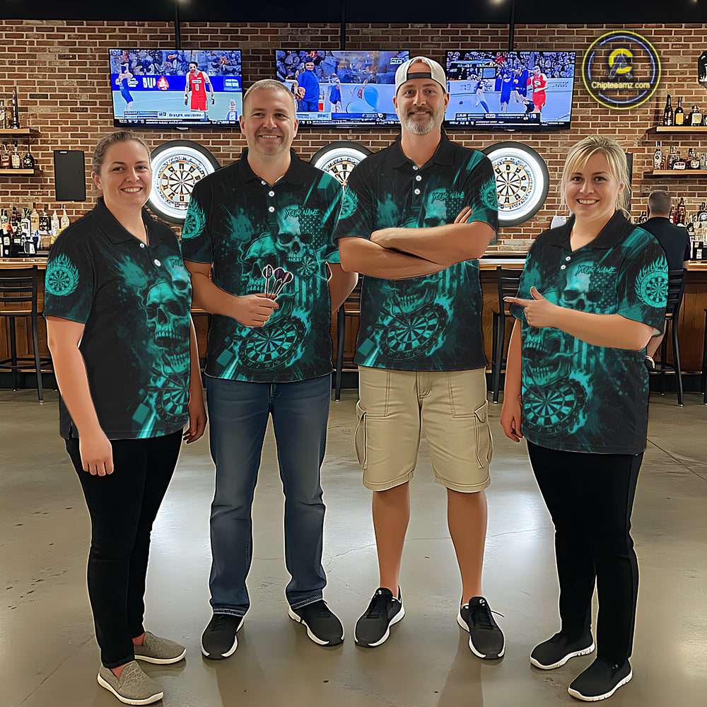 Custom Turquoise Smokes Grunge Skull Women Darts Quarter- Zip Shirt US Flag Skull Dart League Jerseys NYN2125