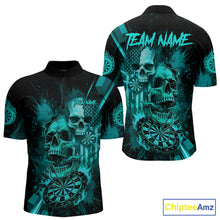 Load image into Gallery viewer, Custom Turquoise Smokes Grunge Skull Men Darts Quarter- Zip Shirt US Flag Skull Dart League Jerseys NYN2125