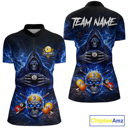 Blue Flames Grim Reaper Pool 8 Ball & 9 Ball Billiard Shirt For Women Custom Billiard Team Jerseys NYN2630
