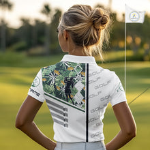 Load image into Gallery viewer, Custom Name Green Tropical Golf Womens Polo Shirt, White Golf Jerseys Best Floral Golf Gifts NYN2993