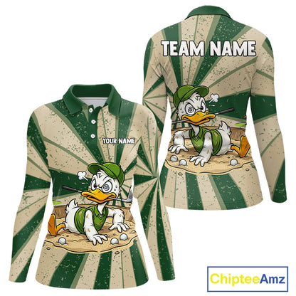 Womens Funny Duck Golf Shirts Grunge Green Beige Golf Clothing Custom Golf Team Polo, Golf Upf Shirts NYN2998