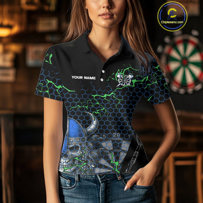 Blue Horned Warrior Skull Women's Dart Shirt - Personalized Name For Darts Jersey NYN0446