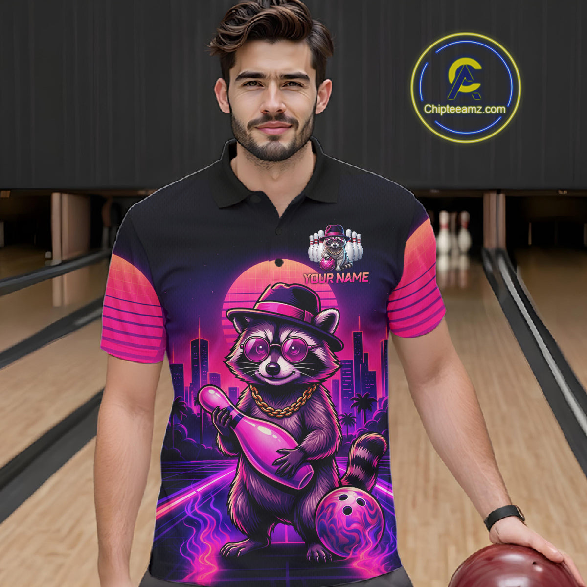Funny Rich Raccoon Bowling Shirts For Men Custom Neon Bowling Polo & Quarter-Zip Jerseys NYN3415