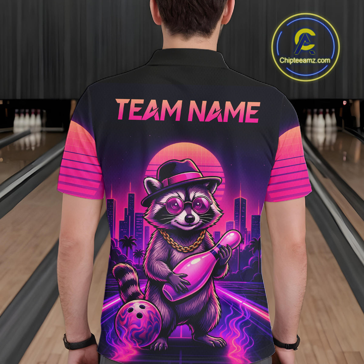 Funny Rich Raccoon Bowling Shirts For Men Custom Neon Bowling Polo & Quarter-Zip Jerseys NYN3415