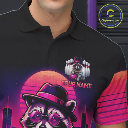 Funny Rich Raccoon Bowling Shirts For Men Custom Neon Bowling Polo & Quarter-Zip Jerseys NYN3415