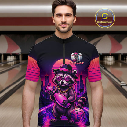 Funny Rich Raccoon Bowling Shirts For Men Custom Neon Bowling Polo & Quarter-Zip Jerseys NYN3415