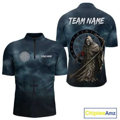 Skeleton And Dartboard Custom Blue Quarter-Zip Darts Shirt For Men - Darts Team Jersey NYN0698