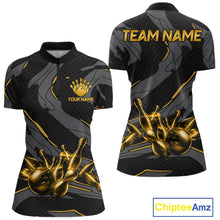 Load image into Gallery viewer, Women's quarter-zip bowling jersey featuring grey yellow lightning graphics, premium performance apparel symbolizing determination, momentum and excellence.