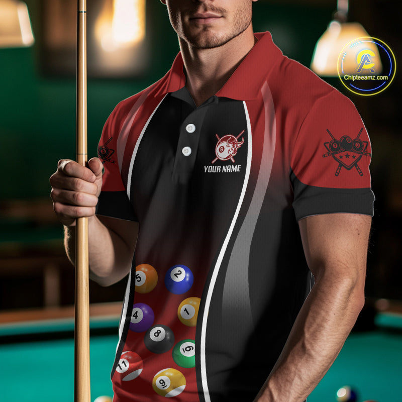 Red Funny Bull Pool Balls Men Billiard Polo & 1/4-Zip Apparel Custom Billiard Shirt Designs NYN2408