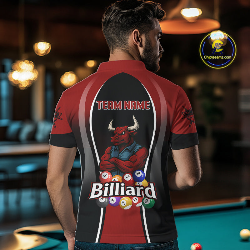 Red Funny Bull Pool Balls Men Billiard Polo & 1/4-Zip Apparel Custom Billiard Shirt Designs NYN2408