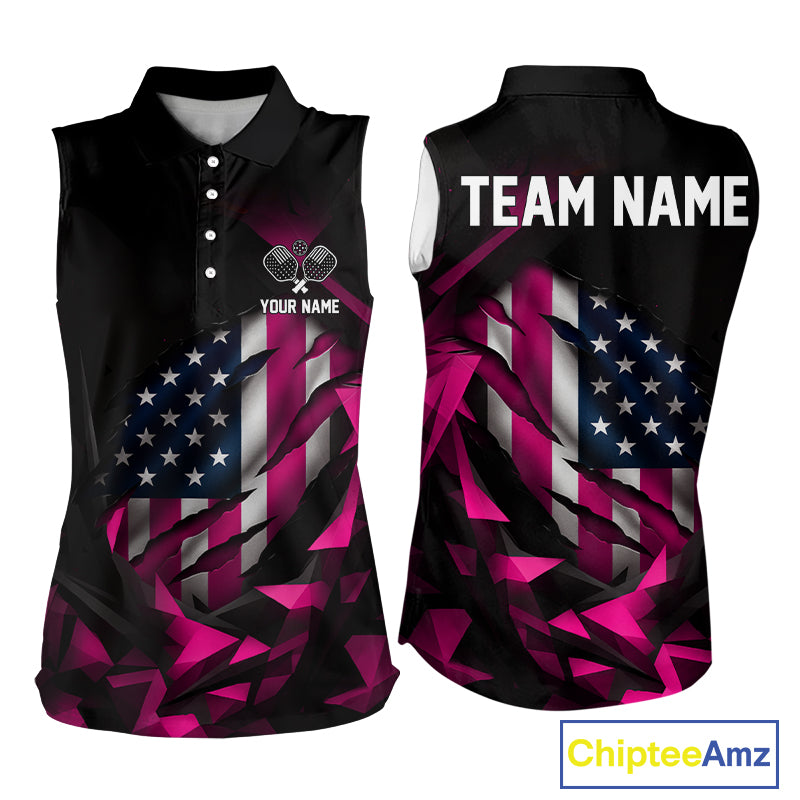 Custom Black And Pink Patriotic Pickleball Sleeveless Polo Shirts For Women US Flag Pickleball Team Jerseys NYN2783