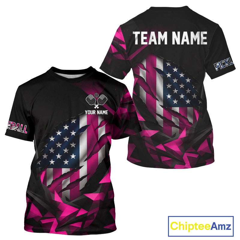 Custom Black And Pink Patriotic Pickleball T-Shirt For Men US Flag Pickleball Team Jerseys NYN2783