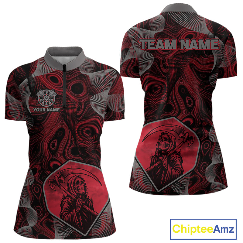 Grim Reaper Darts Flight & Red Swirl Women's Darts Team Shirt Custom Name For Players NYN0460