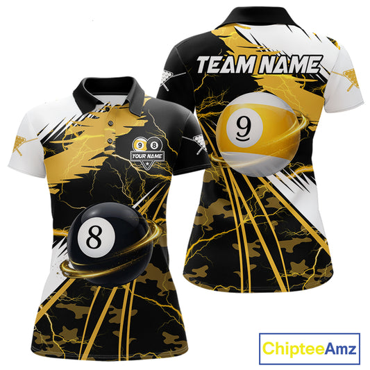 Yellow Lightning 8 Ball 9 Ball Pool Shirt For Women Custom Camo Billiard Team Jersey