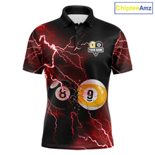 Load image into Gallery viewer, Thunder Lightning Red men's 8 Ball 9 Ball pool polo jersey, custom billiards team shirt, cue sport league apparel, bar league uniform, personalized tournament polo