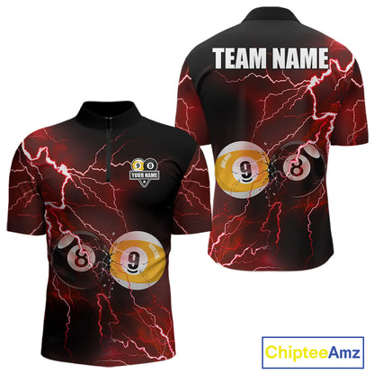 Thunder Lightning Red men's quarter zip pool jersey, personalized billiards tournament shirt, professional cue sport league apparel, competitive team outfit