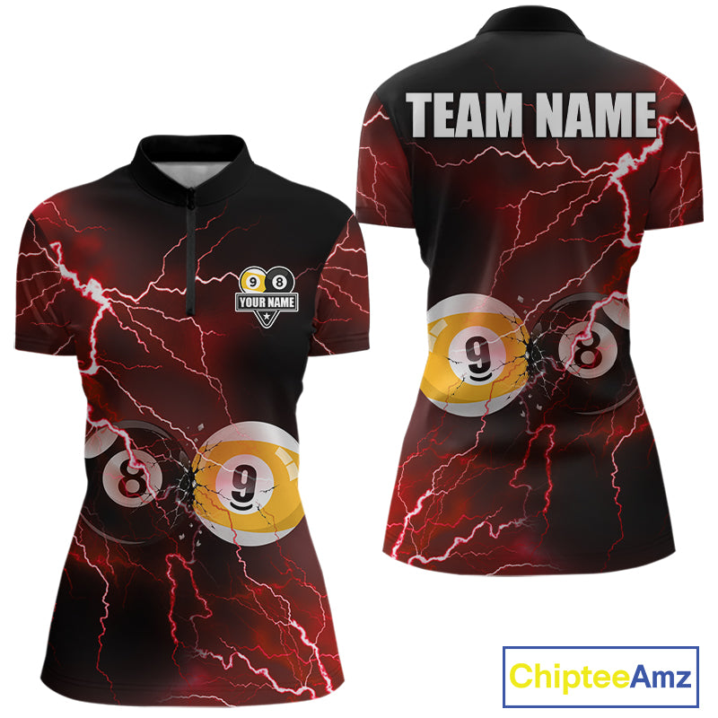 Thunder Lightning Red women's quarter zip billiard jersey featuring 8 Ball 9 Ball artwork, custom pool tournament apparel, cue sports championship team uniform