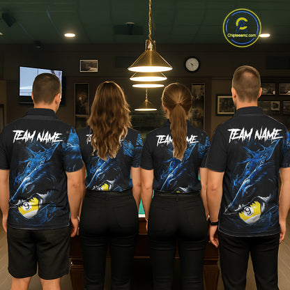 Funny Shark custom billiard team jerseys with 8 Ball 9 Ball artwork, matching pool league uniforms, cue sports apparel, championship tournament shirts